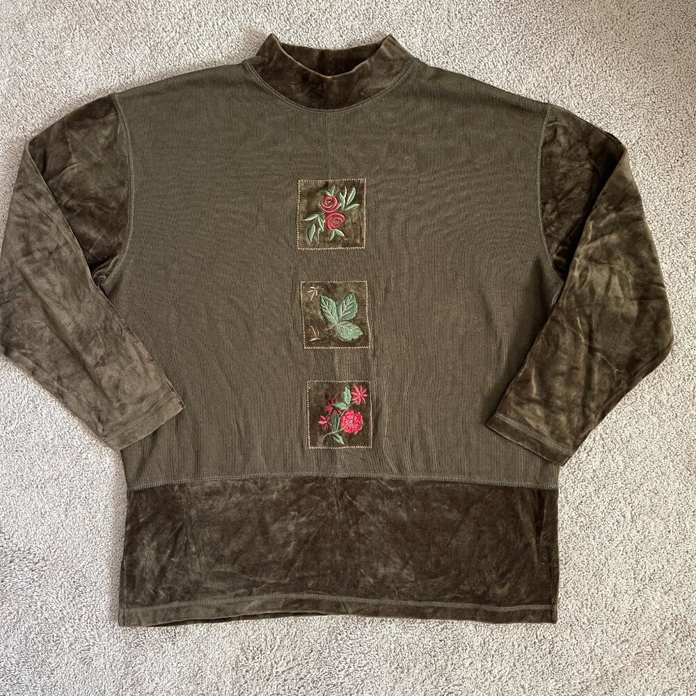 Dressbarn Top Womens 14/16 Green Vintage Embroidered Patchwork 90s Floral Velvet